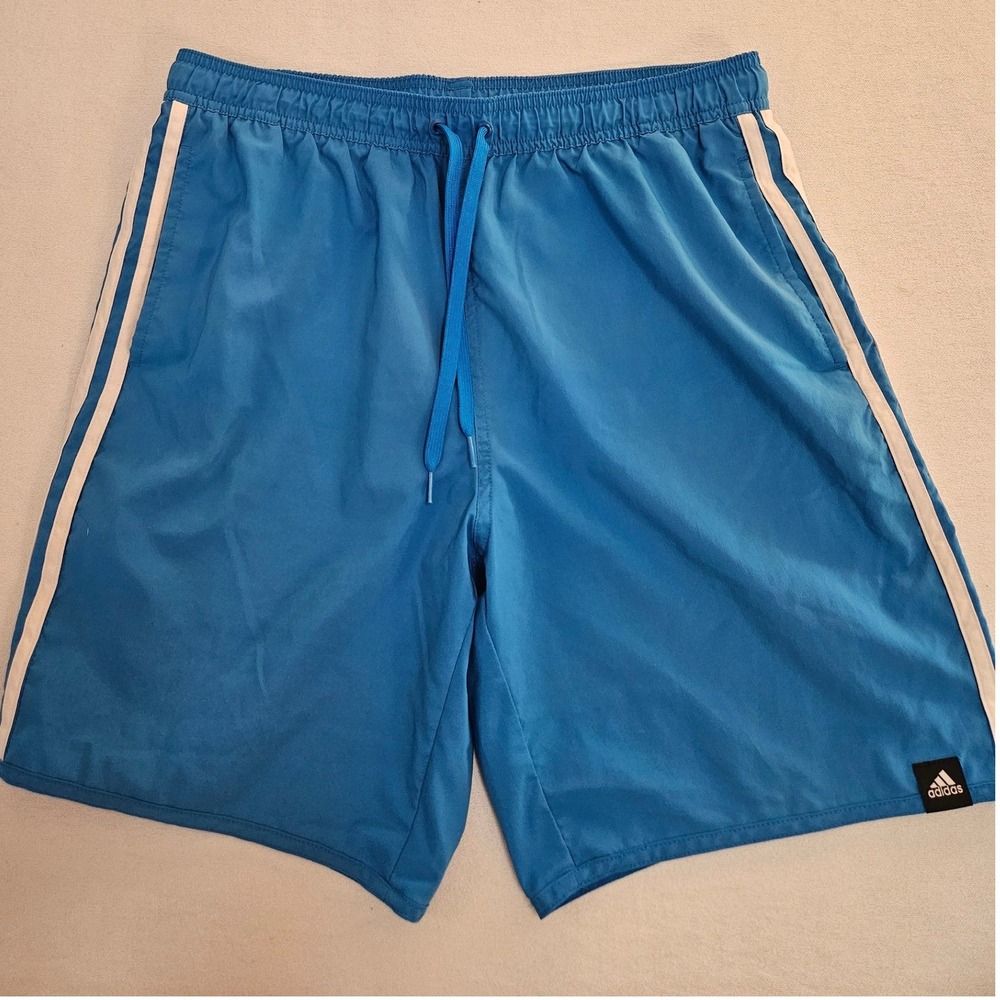 Adidas Swim Shorts Mens Large Blue 3-Stripe End Plastic Waste Drawstring 7.5"